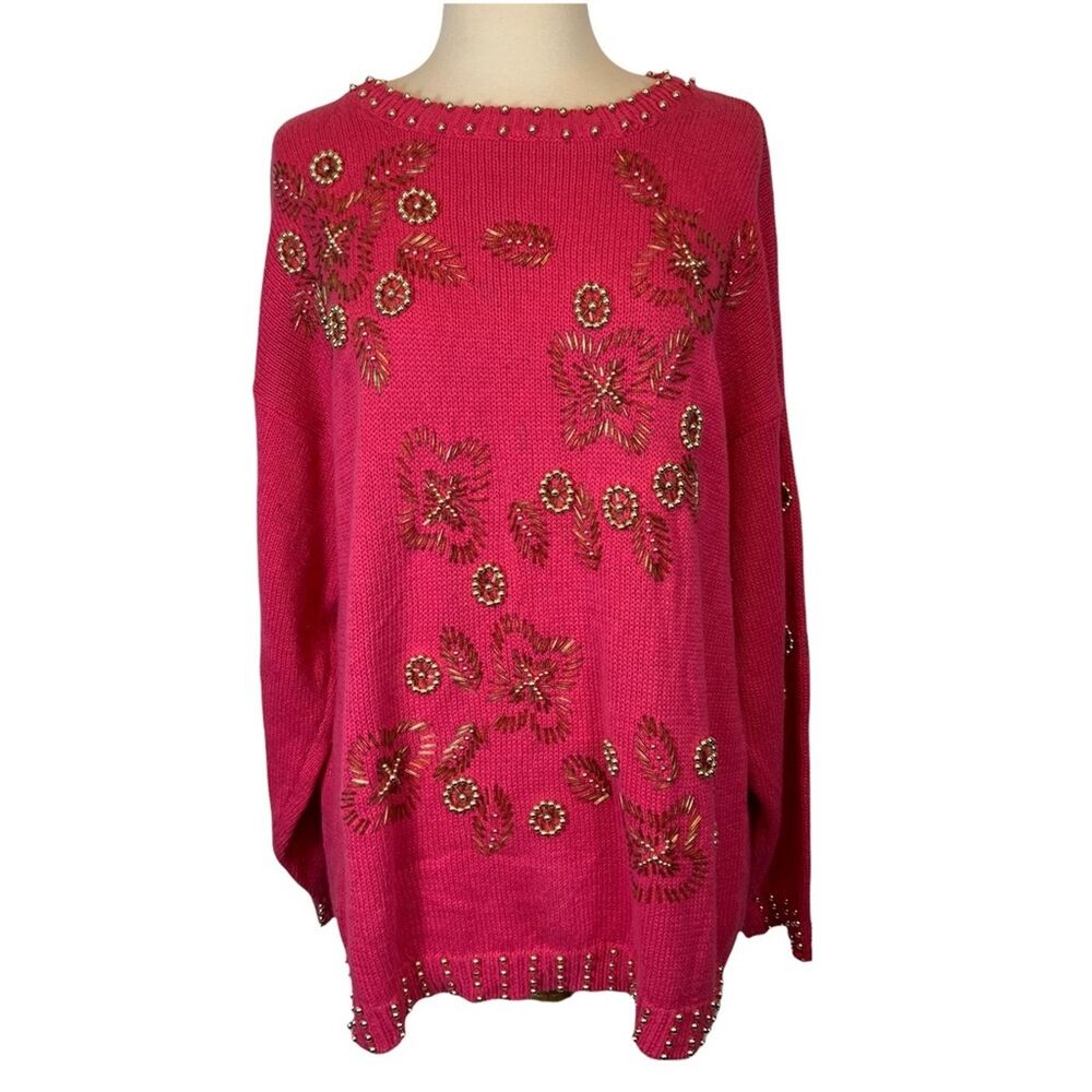Vintage Christine Gerard Hot Pink Gold Beaded Oversized Sweater Cotton Blend S